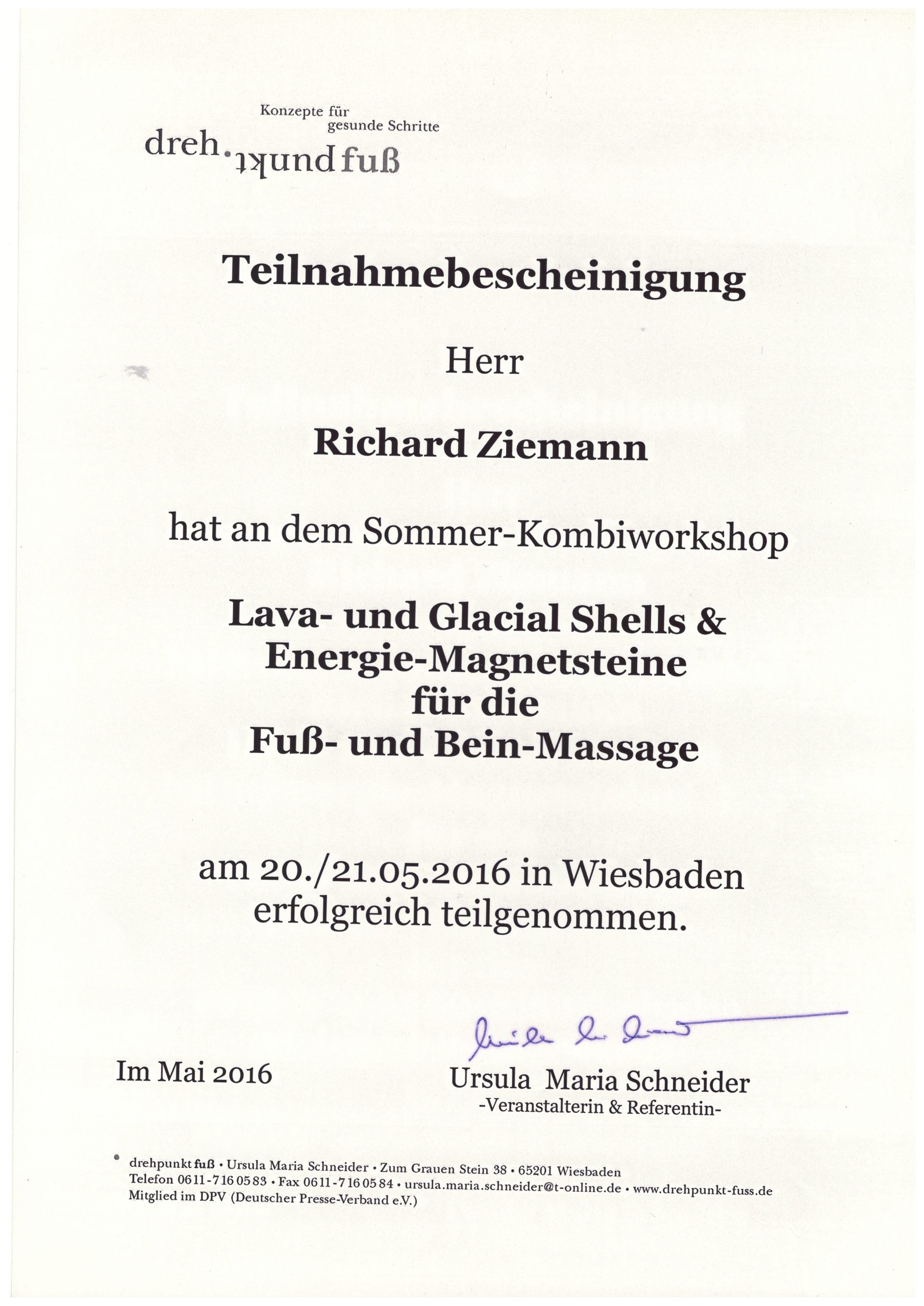 Richard Ziemann - Teilnahmebescheinigung Fuß- und Beinmassage