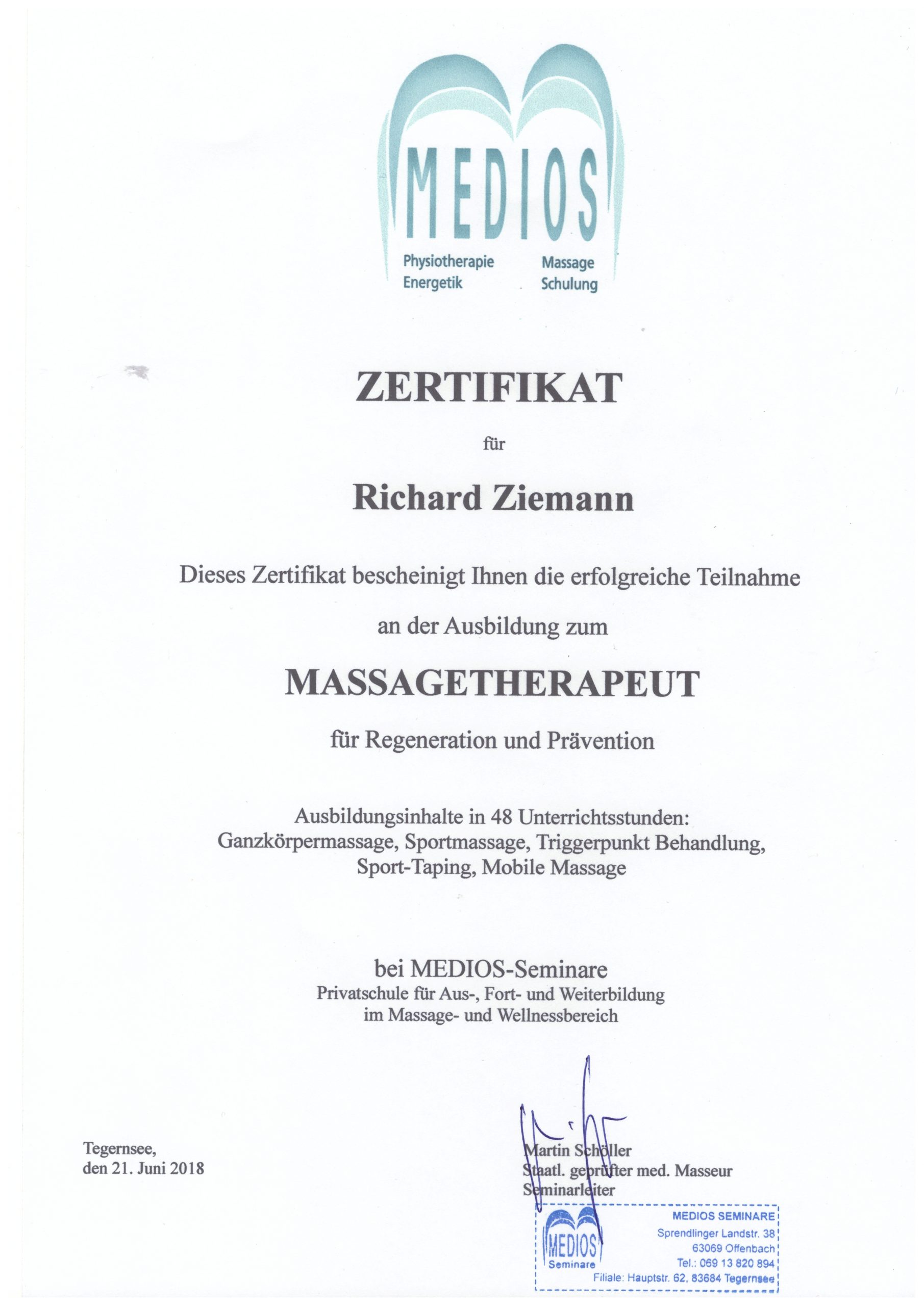 Richard Ziemann - Zertifikat Massagetherapeut